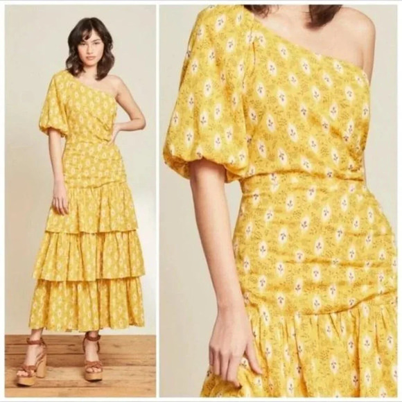 New! Veronica Beard Virginia Gold Floral One Shoulder Maxi Dress 22239 - Picture 4 of 16